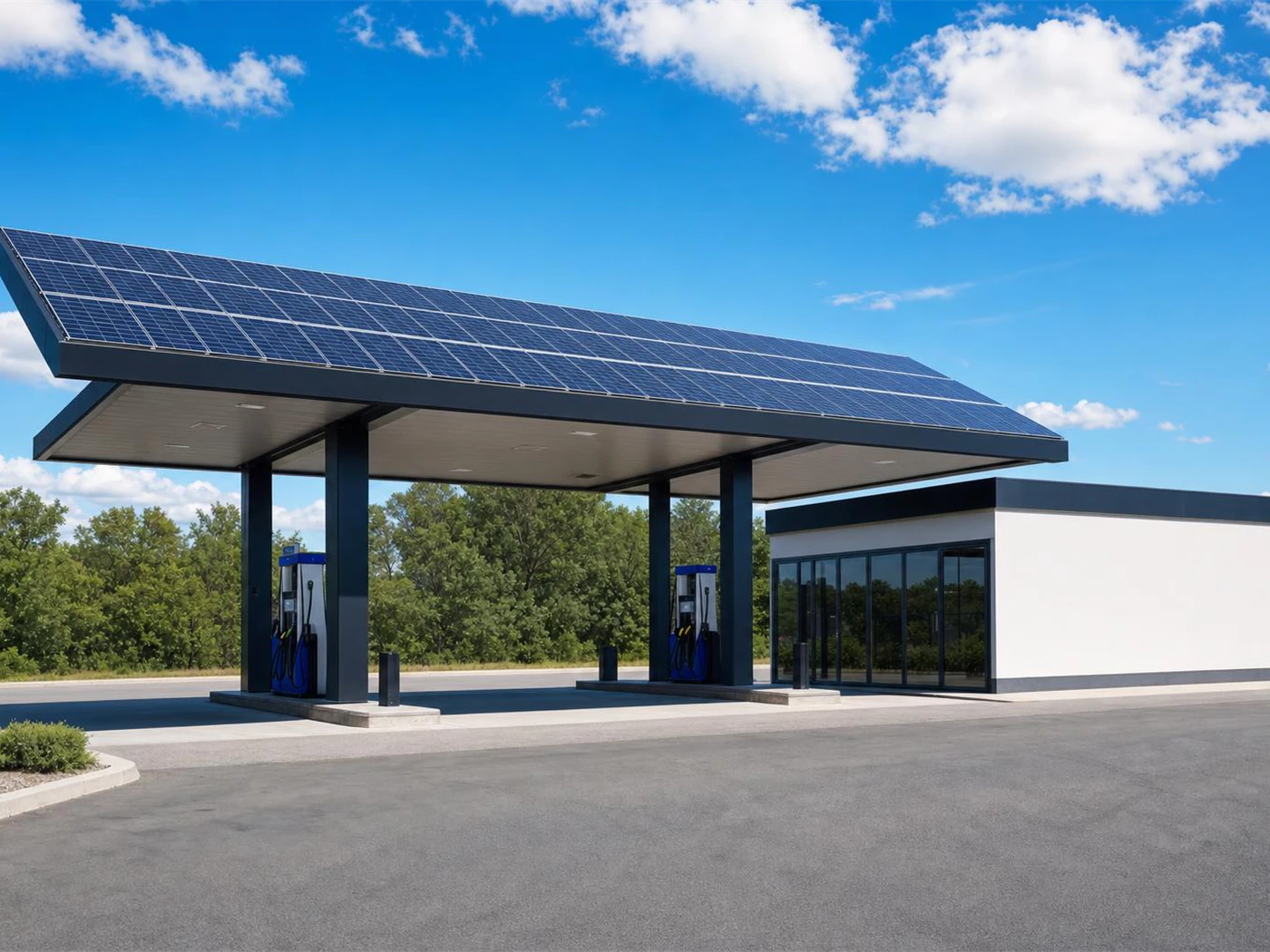 Marquesina cubierta de paneles solares con el recorrido de la energía señalado: de los paneles al inversor, la batería intercambiando con él, y del tablero al consumo y a la red eléctrica.