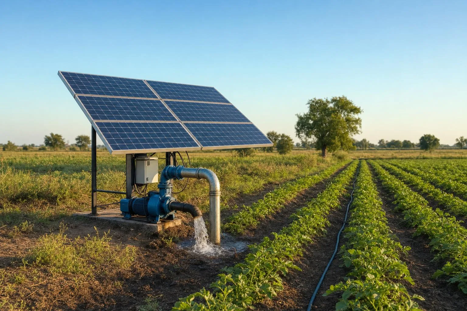 Instalación de bombeo solar en un campo de cultivo, con paneles junto a la bomba de riego
