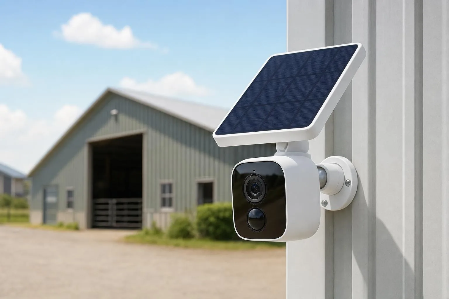 Cámara de seguridad autónoma alimentada por un pequeño panel solar, instalada en el exterior de una nave