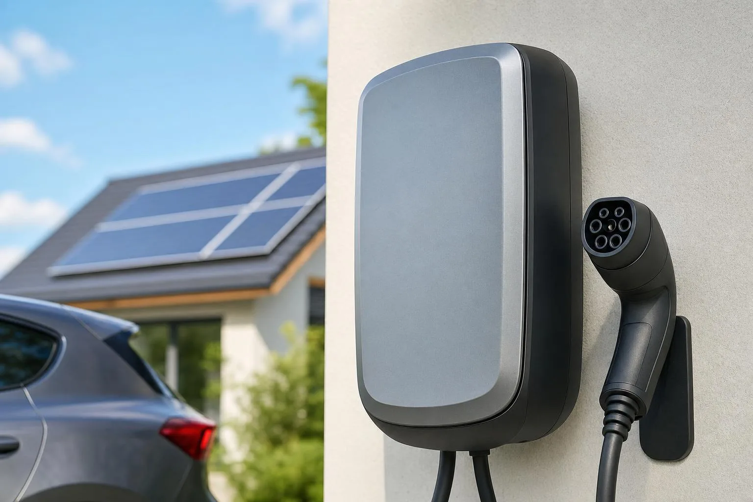 Cargador de vehículo eléctrico montado en la pared de una vivienda, con el conector a la vista y paneles solares en el techo al fondo