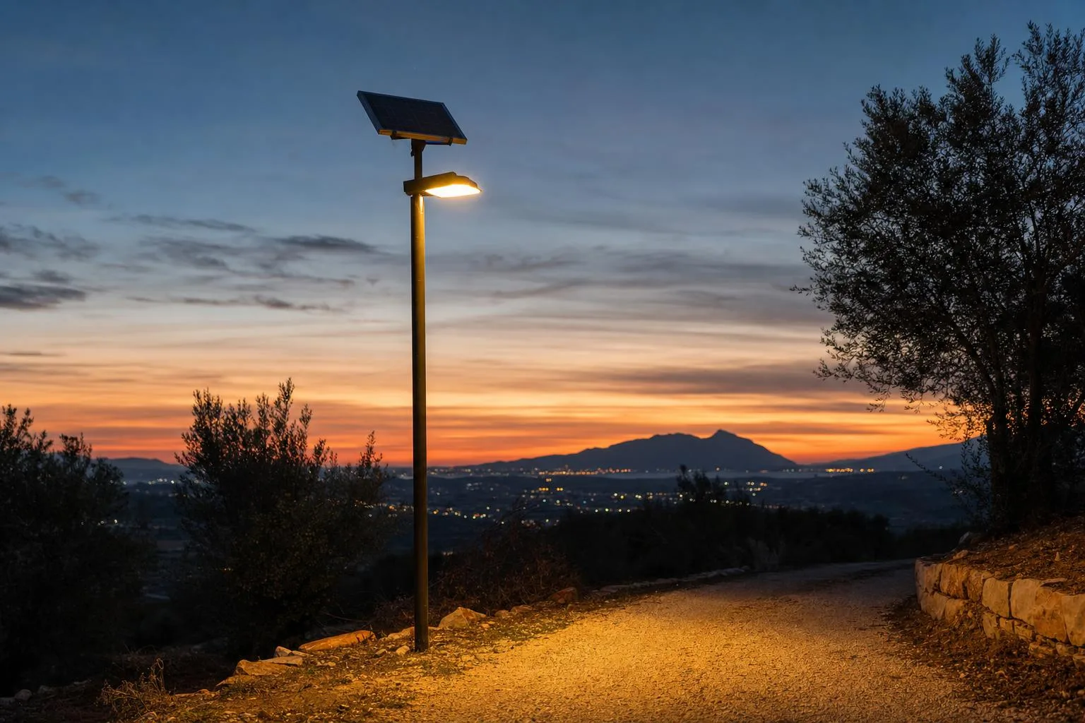 Luminaria solar iluminando un camino de acceso durante la noche