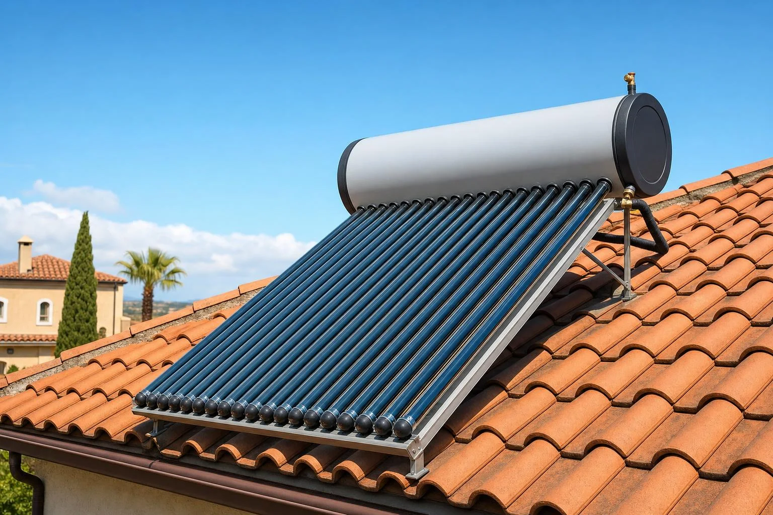 Termotanque solar instalado en el techo de una vivienda, con el tanque horizontal y los tubos captadores